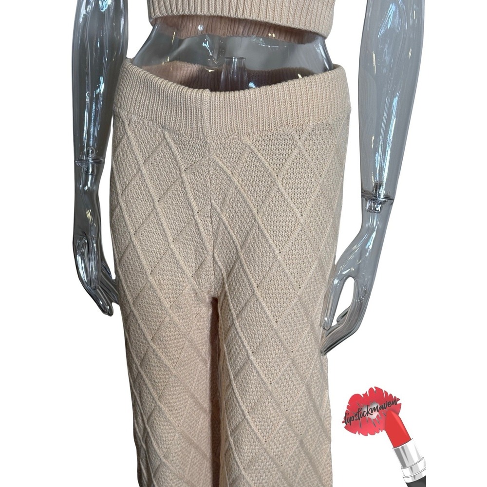 Womens Knit Set Medium Tan Neutral Two‎ Piece Crop Top Flare Pants NWT Baevely - Picture 5 of 12